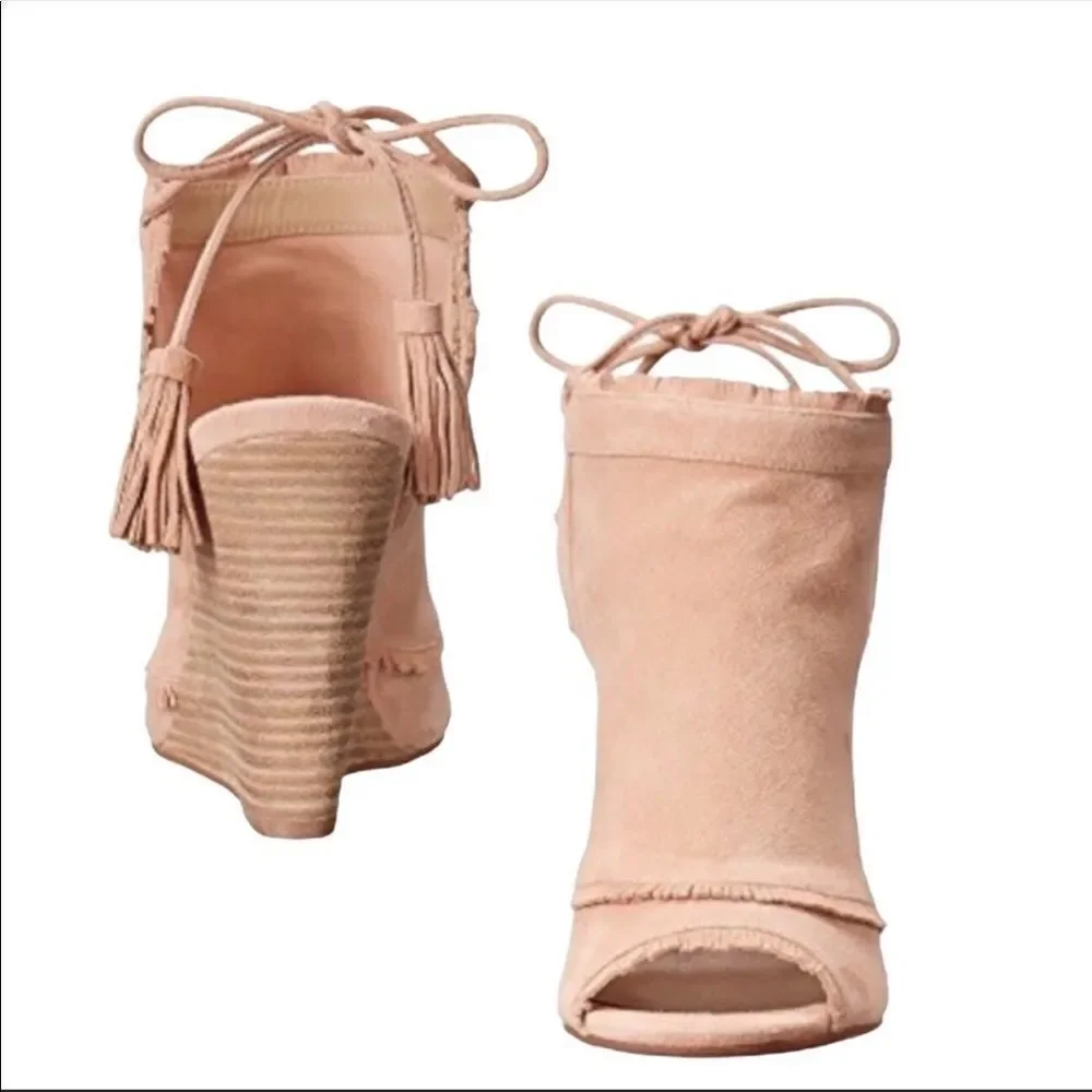 Suede Leather Woodgrain Wedge Tassel Ankle Strap Booties Kristin Cavallari NEW
